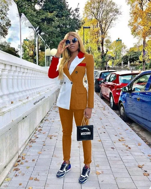 2020 New Spring Women’s Tracksuit Notched Full Sleeve Blazers Pants Suit Two Piece Casual Fashion Outfit Patchwork Color Uniform