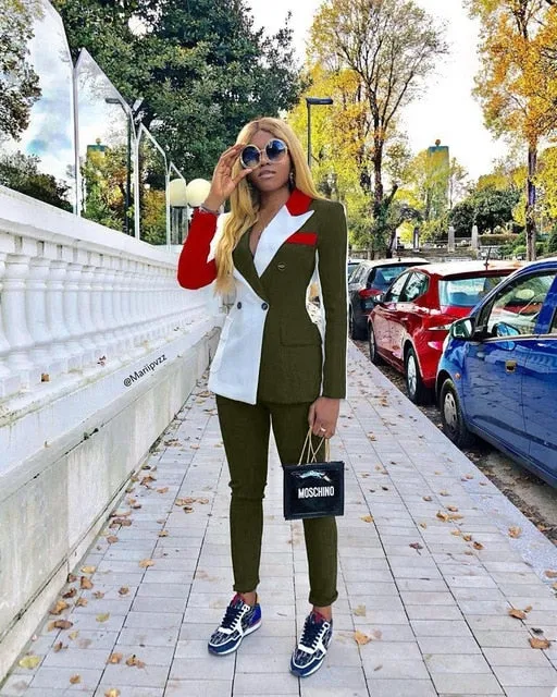 2020 New Spring Women’s Tracksuit Notched Full Sleeve Blazers Pants Suit Two Piece Casual Fashion Outfit Patchwork Color Uniform