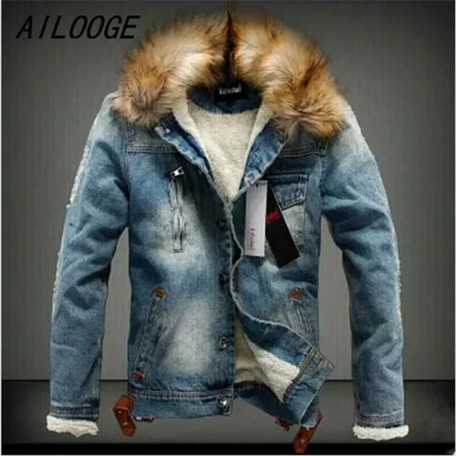 AILOOGE New Winter Fashion Men Woolen Denim Jacket With Fur Collar Oversize Casual Jeans Jacket Plus Size Velvet Outwear Coat