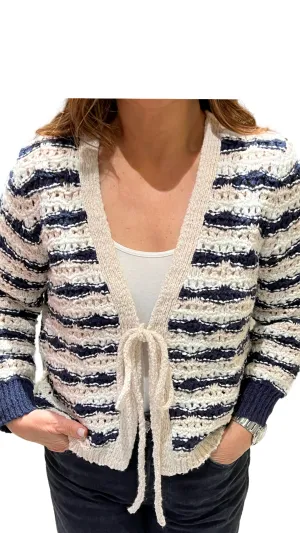 AUTUMN CASHMERE-Tie Front Fancy Stitch Open Cardigan Sand/Navy Combo