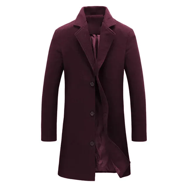 Autumn Winter Fashion Men's Woolen Coats Solid Color Single Breasted