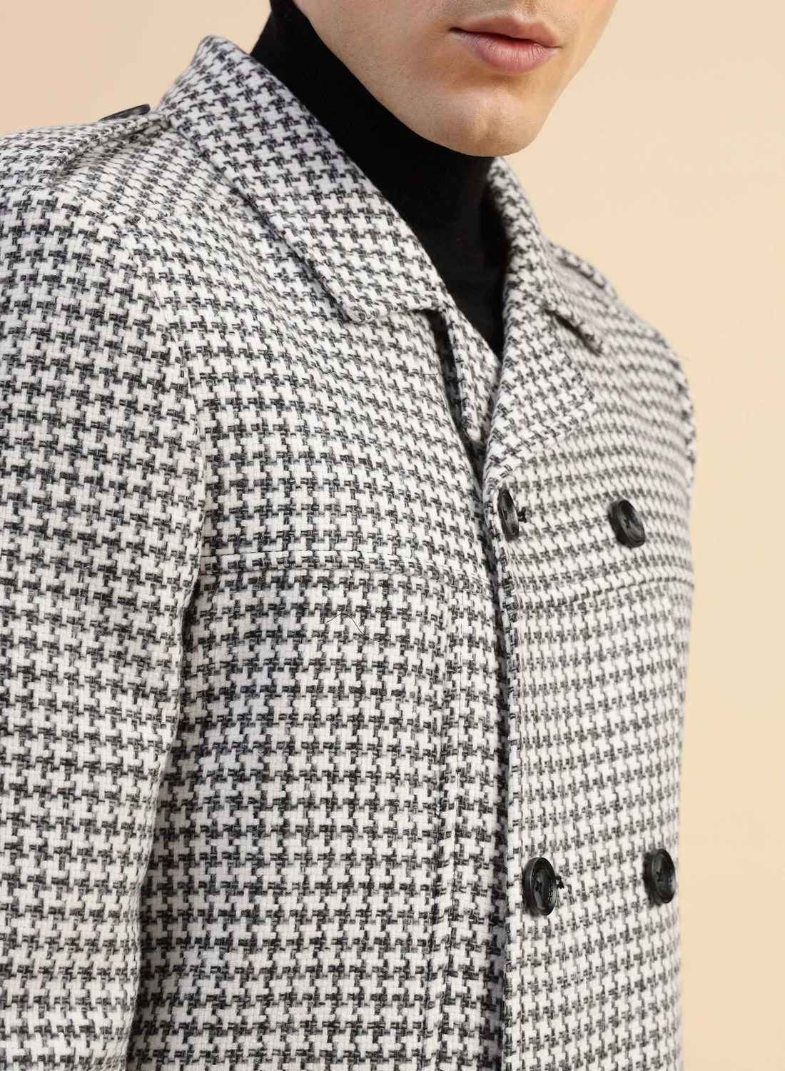 Black & White Tweed double-breasted Houndstooth Short Coat