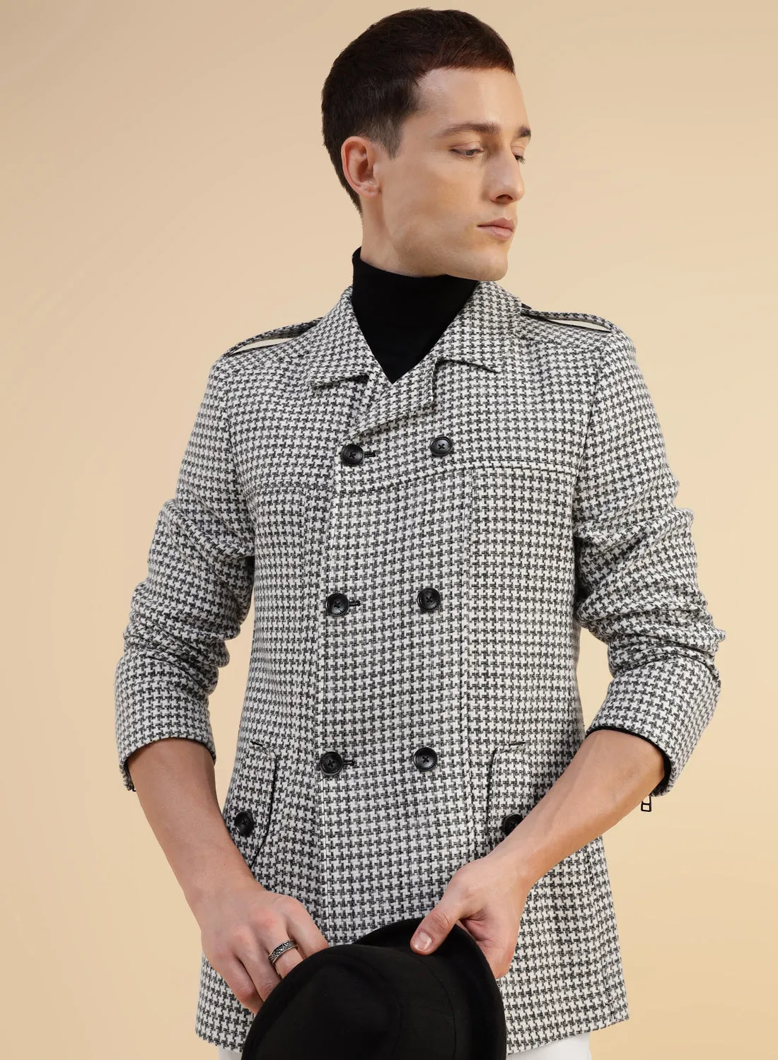Black & White Tweed double-breasted Houndstooth Short Coat