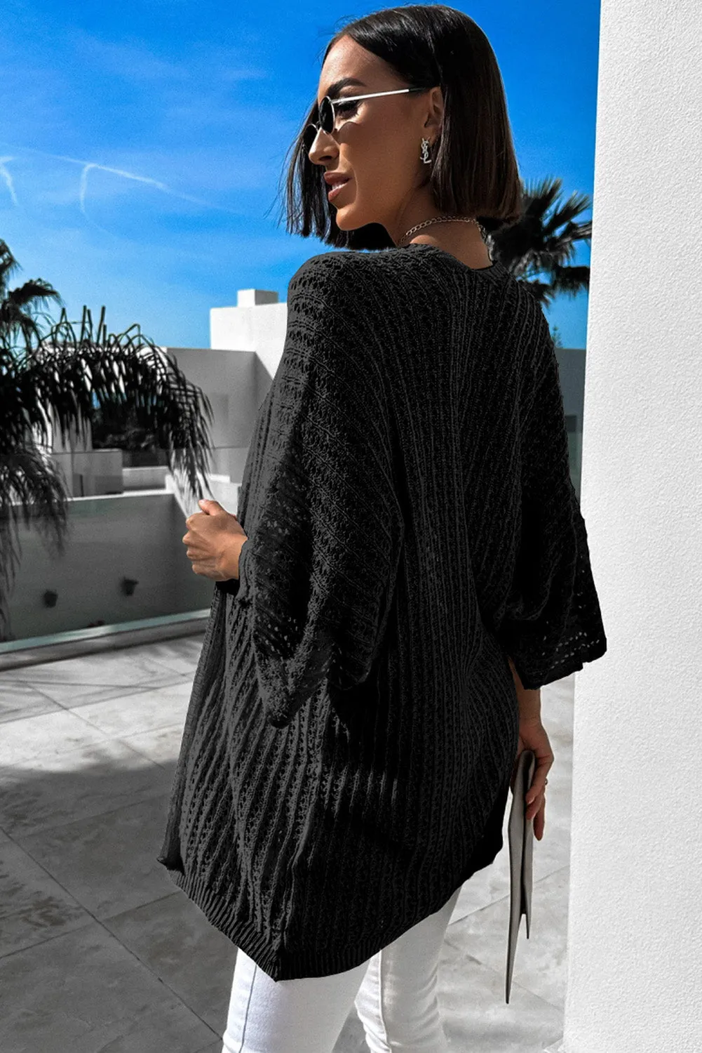 Black White Hollow-out Knit Kimono Lightweight Cardigan