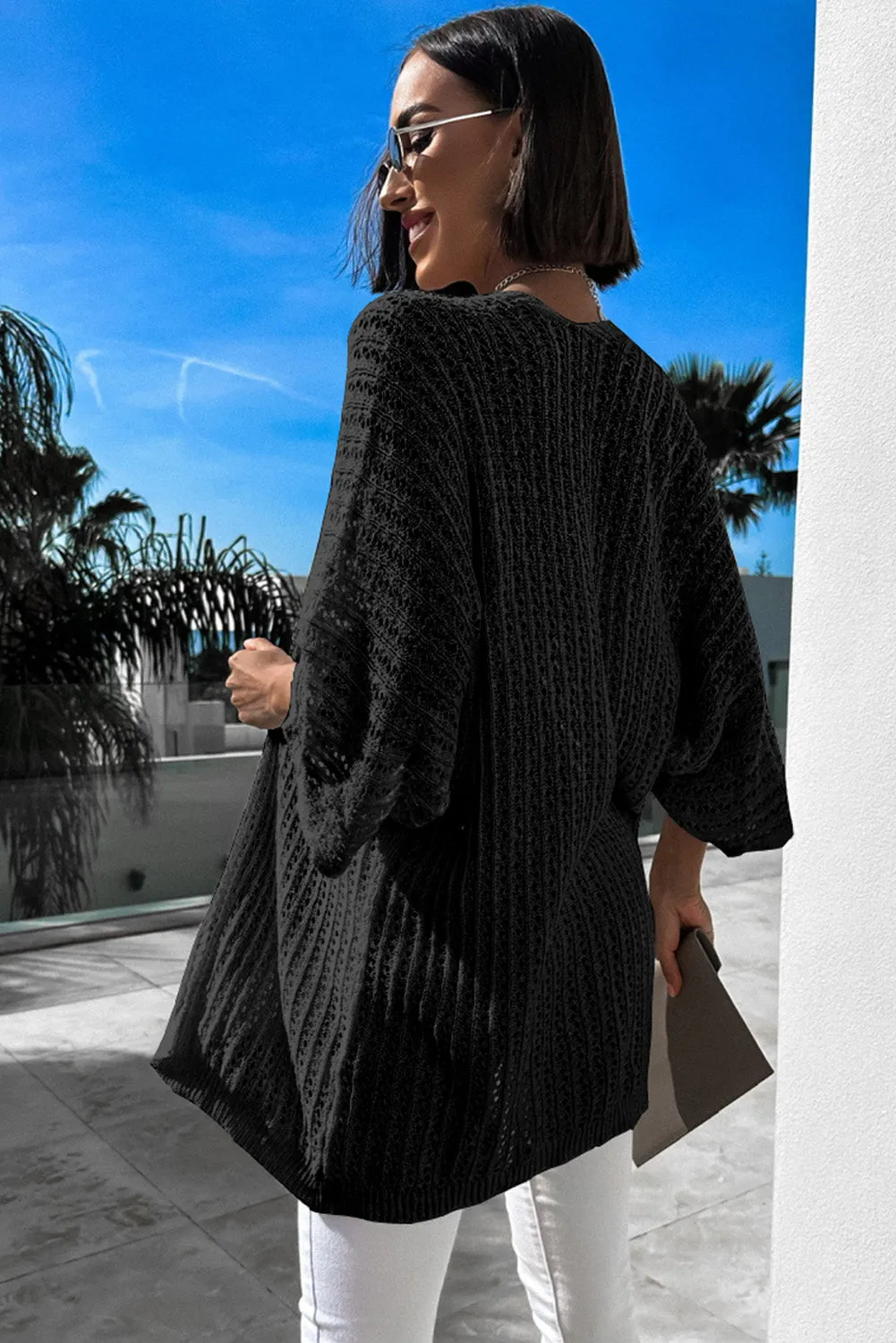 Black White Hollow-out Knit Kimono Lightweight Cardigan