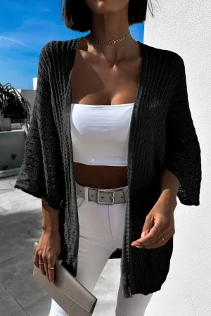 Black White Hollow-out Knit Kimono Lightweight Cardigan
