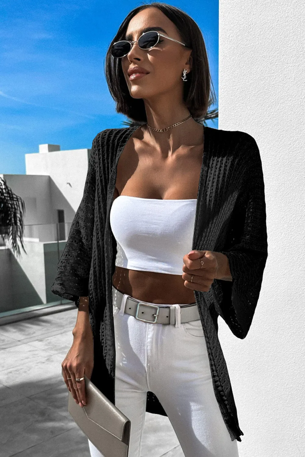 Black White Hollow-out Knit Kimono Lightweight Cardigan