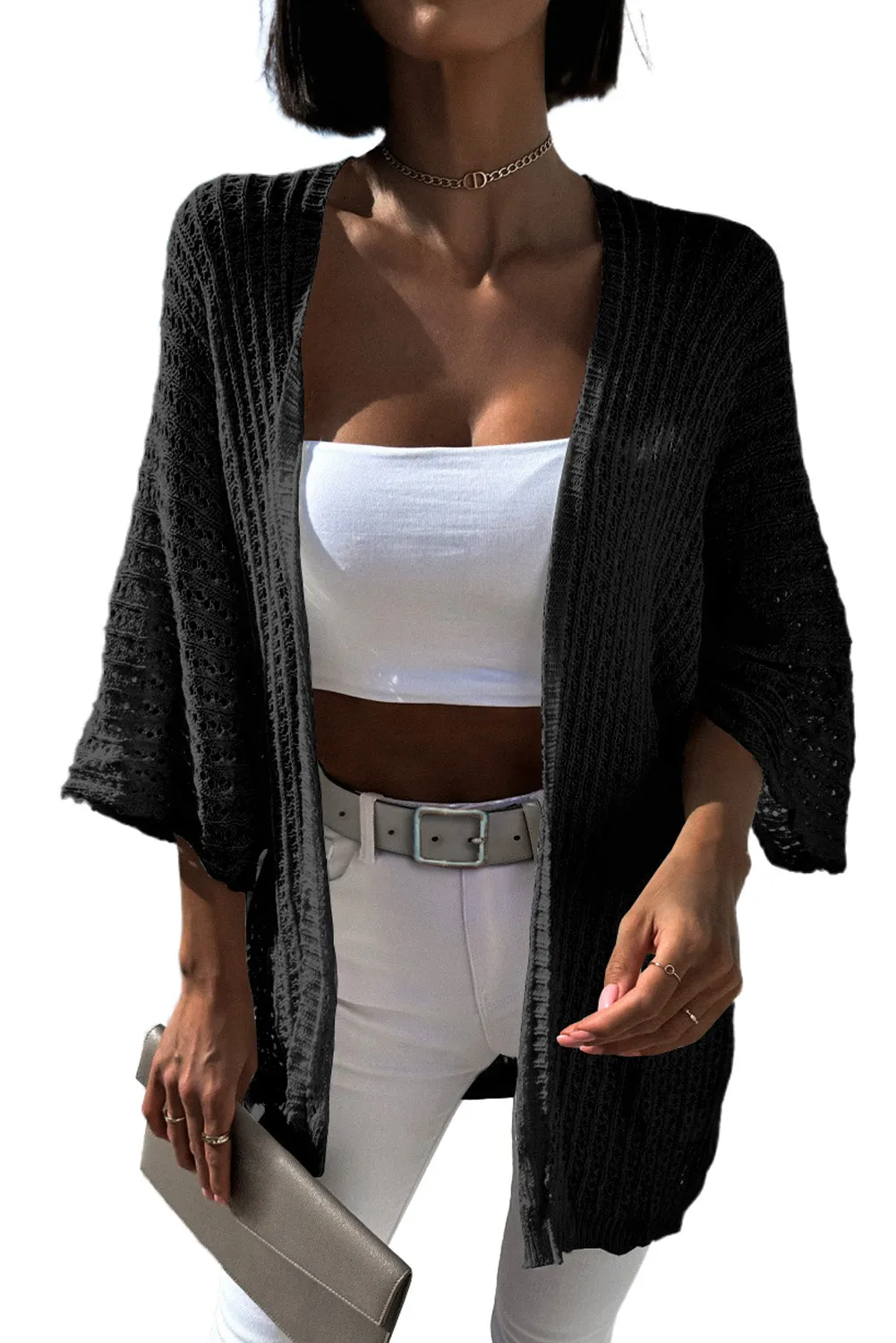 Black White Hollow-out Knit Kimono Lightweight Cardigan