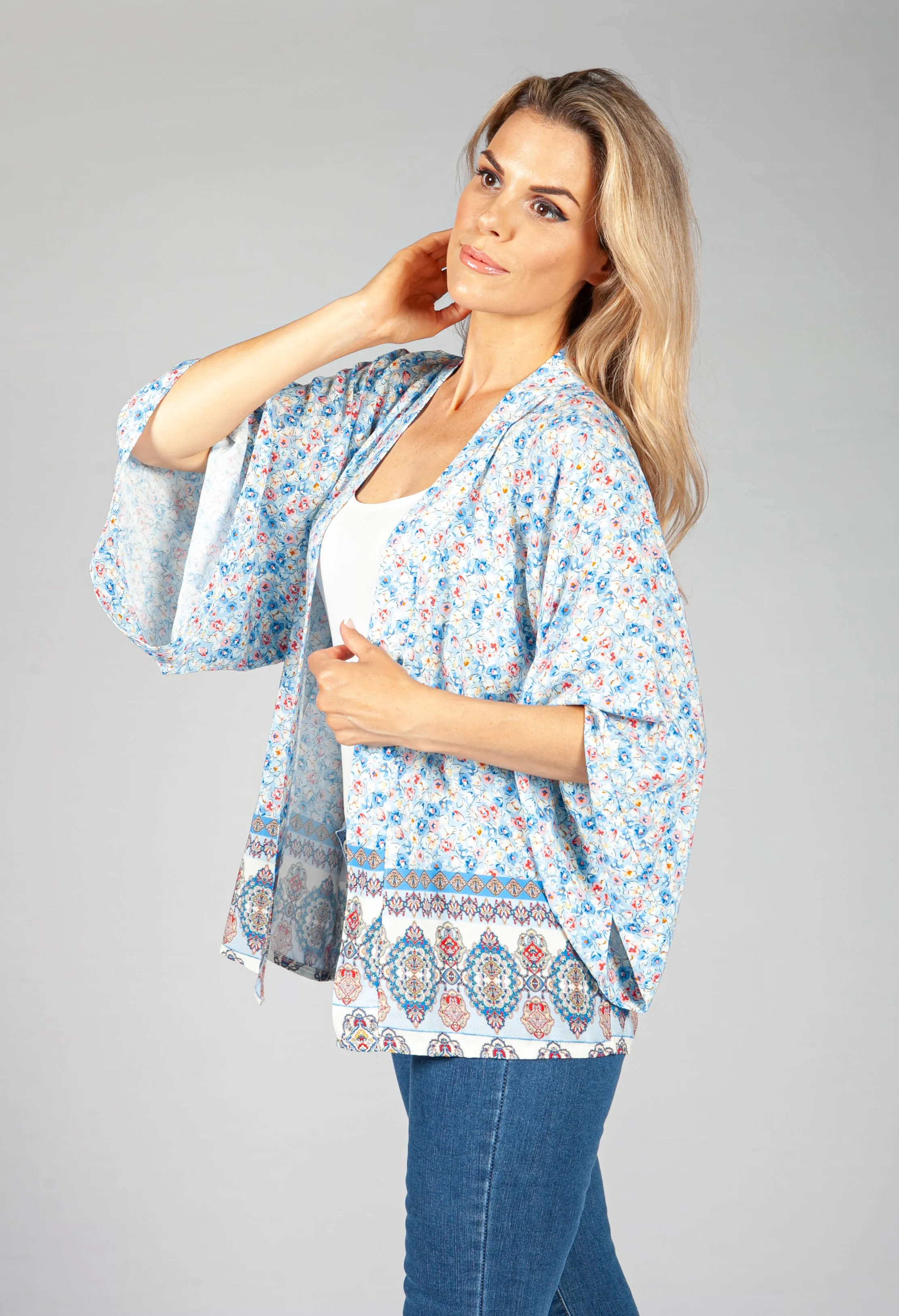 Blue Floral Kimono Style Cardigan