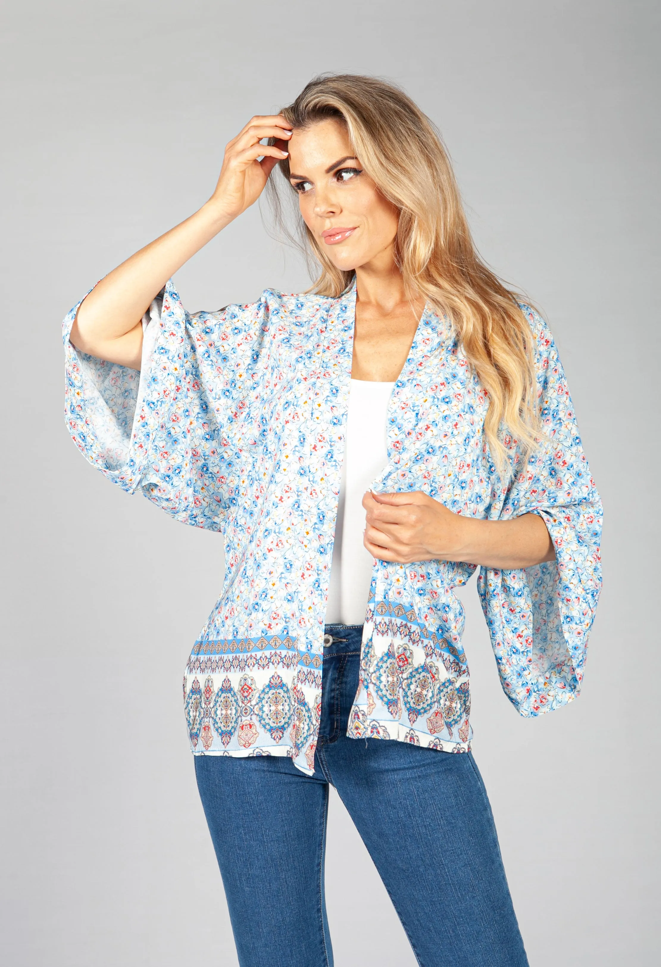 Blue Floral Kimono Style Cardigan