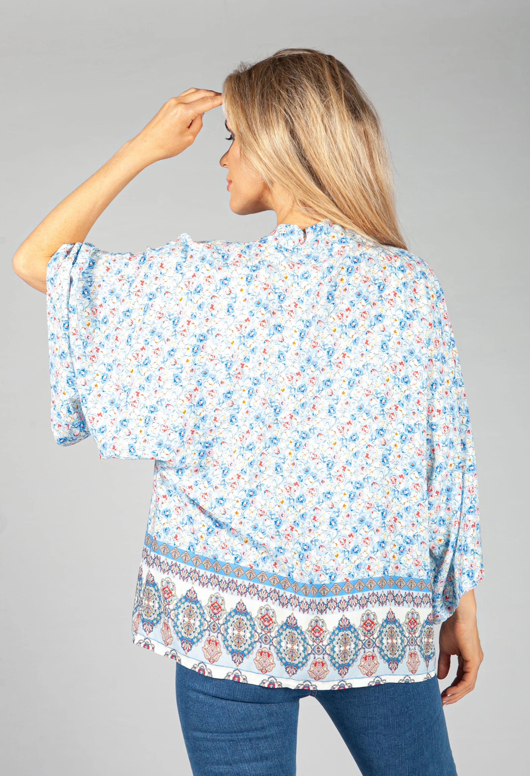 Blue Floral Kimono Style Cardigan