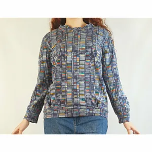 Blue pre-owned long sleeve top with unique colourful print size S (best fits size 10)