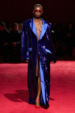 Blue Sequin Long Line Blazer Gown with Satin Lapels
