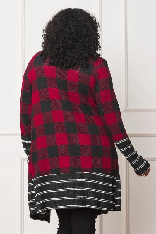 Buffalo Check Open Cardigan with Stripe Trim