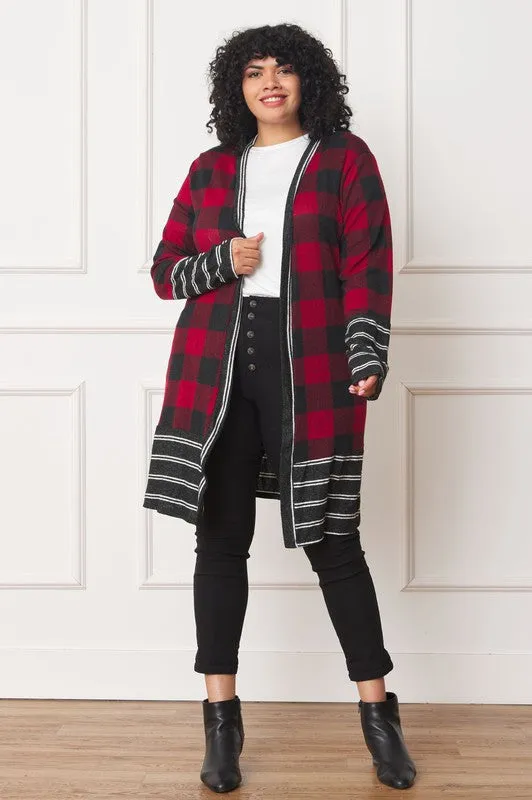 Buffalo Check Open Cardigan with Stripe Trim