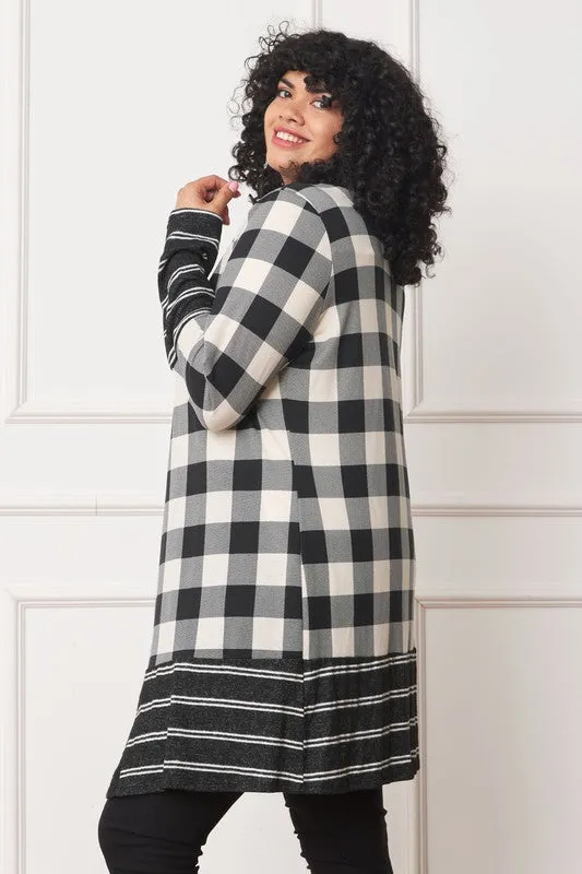 Buffalo Check Open Cardigan with Stripe Trim