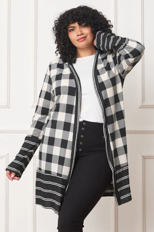 Buffalo Check Open Cardigan with Stripe Trim