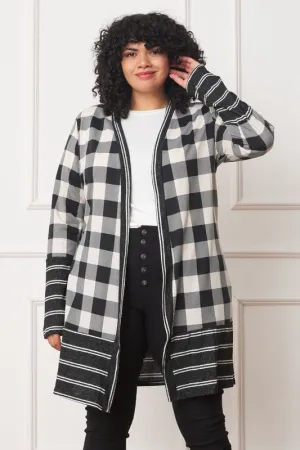 Buffalo Check Open Cardigan with Stripe Trim