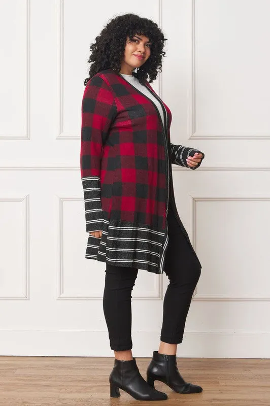 Buffalo Check Open Cardigan with Stripe Trim