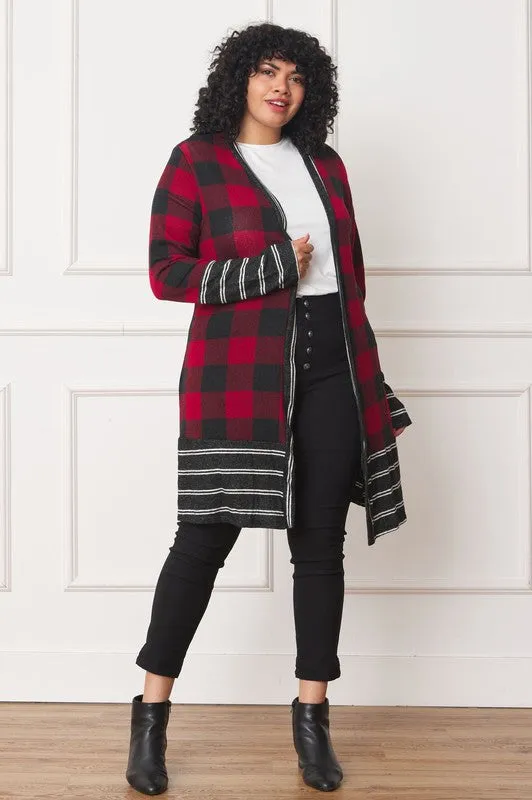 Buffalo Check Open Cardigan with Stripe Trim