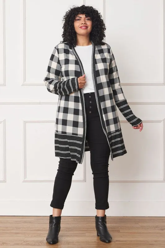 Buffalo Check Open Cardigan with Stripe Trim