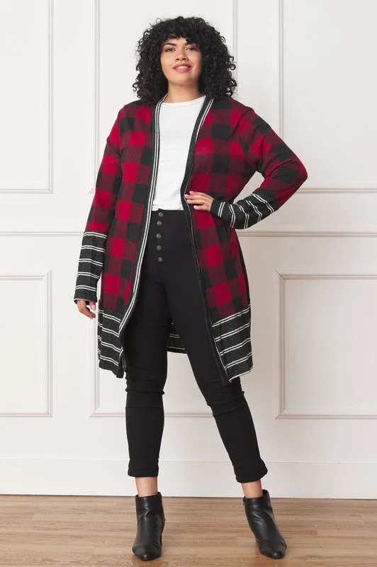 Buffalo Check Open Cardigan with Stripe Trim