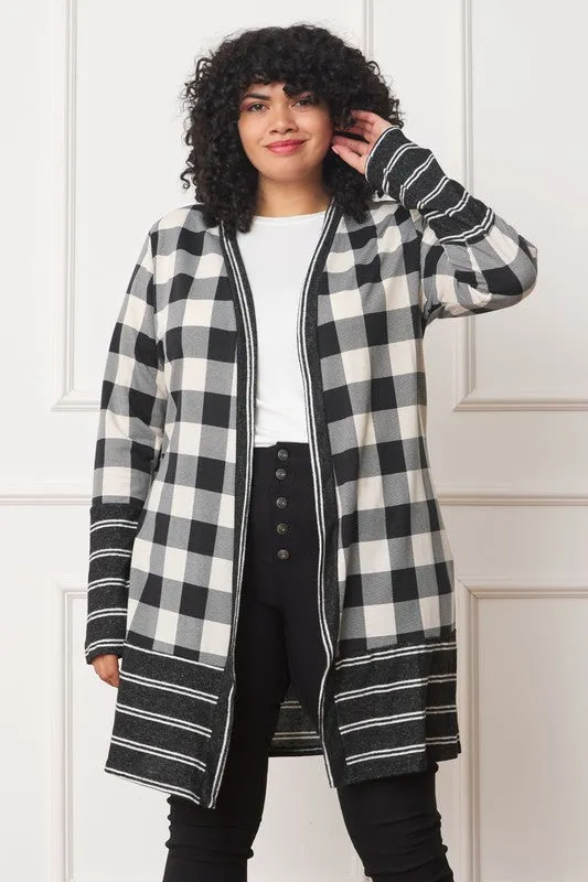 Buffalo Check Open Cardigan with Stripe Trim