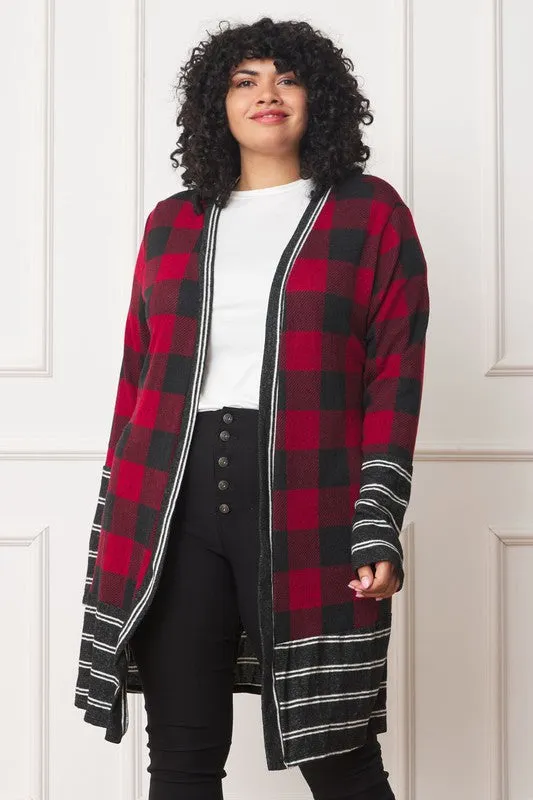 Buffalo Check Open Cardigan with Stripe Trim