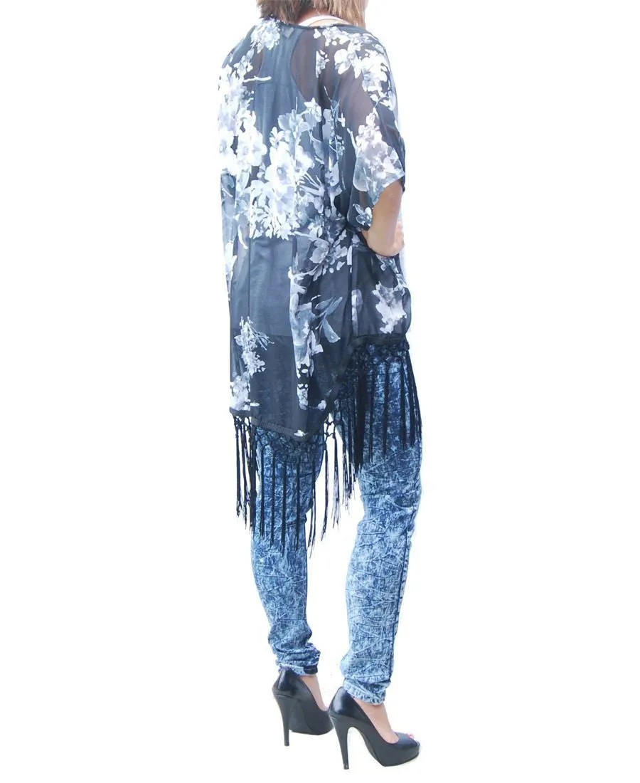 Cardigan Kimono Floral White Black Blossom