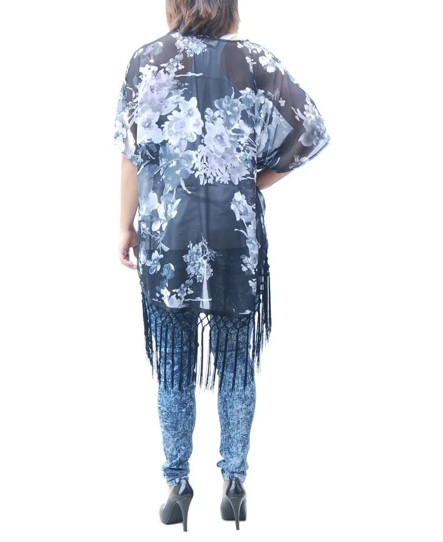 Cardigan Kimono Floral White Black Blossom