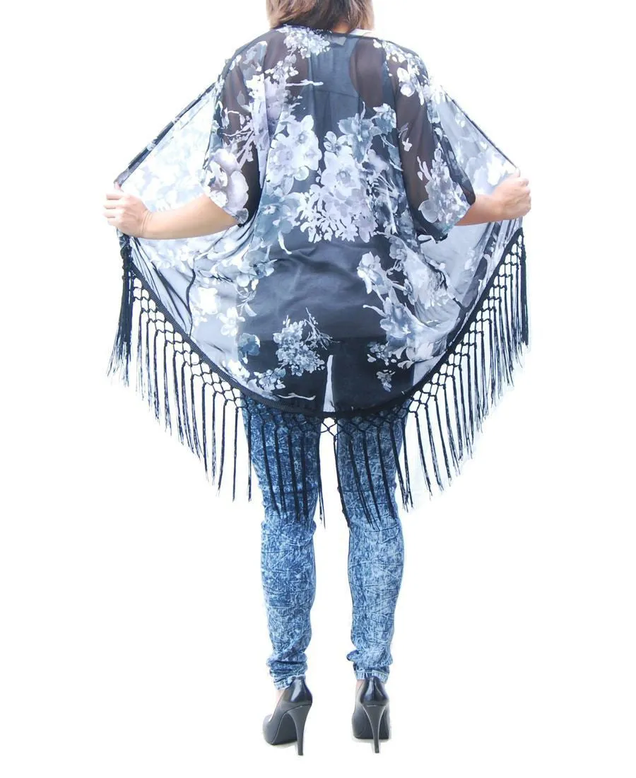 Cardigan Kimono Floral White Black Blossom
