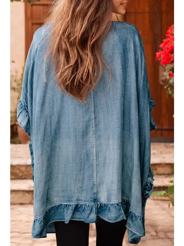Chambray Ruffle Half Sleeve Kimono