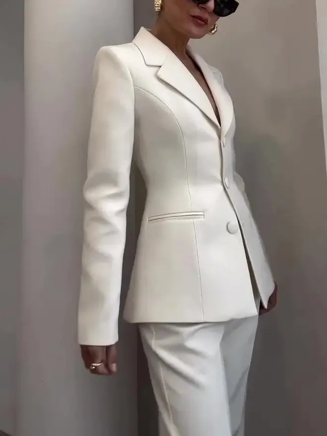 Classic Blazer  High-waisted Pants Suit - White Waist-cinched Ensemble