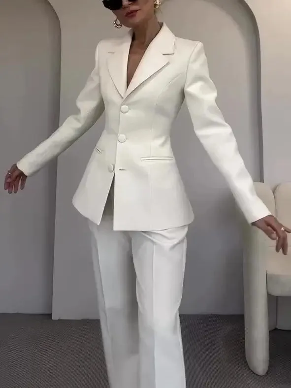 Classic Blazer  High-waisted Pants Suit - White Waist-cinched Ensemble