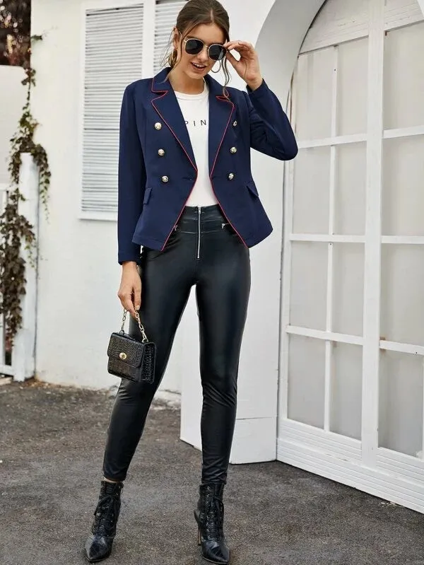 CM-CS121203 Women Elegant Seoul Style Notched Collar Double Breasted Blazer - Navy Blue