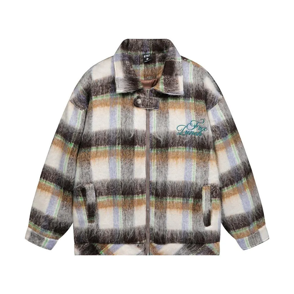 Contrast Color Gradient Striped Plaid Woolen Jacket European And American Fashion Brand Niche Design Sense Loose Casual Zipper Jacket For Men