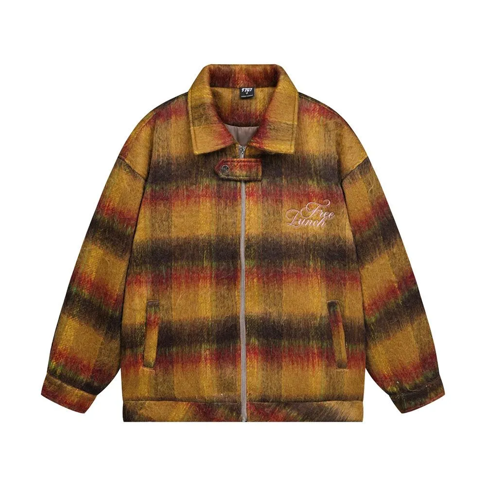 Contrast Color Gradient Striped Plaid Woolen Jacket European And American Fashion Brand Niche Design Sense Loose Casual Zipper Jacket For Men