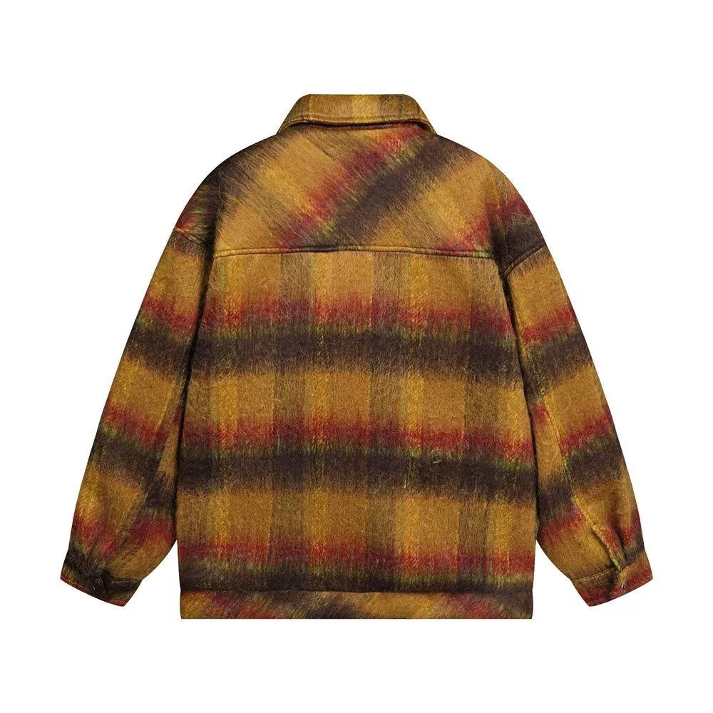 Contrast Color Gradient Striped Plaid Woolen Jacket European And American Fashion Brand Niche Design Sense Loose Casual Zipper Jacket For Men