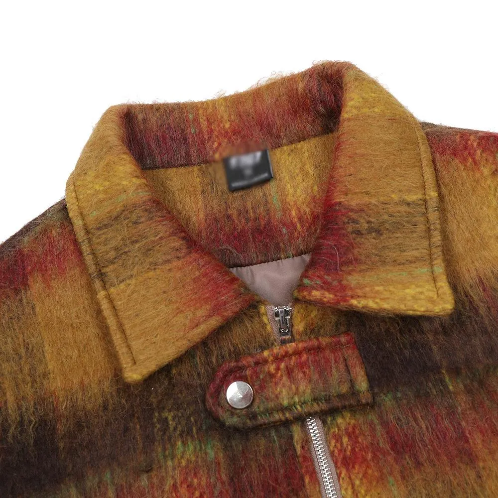 Contrast Color Gradient Striped Plaid Woolen Jacket European And American Fashion Brand Niche Design Sense Loose Casual Zipper Jacket For Men