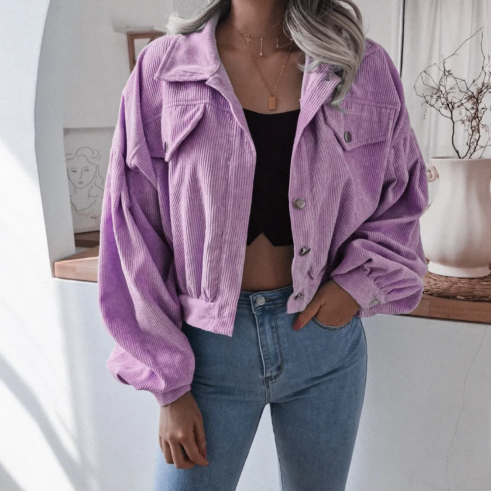 Corduroy Lantern Sleeve Single-breasted Lapel Cardigans Outerwear
