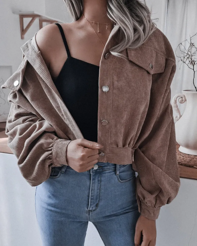 Corduroy Lantern Sleeve Single-breasted Lapel Cardigans Outerwear