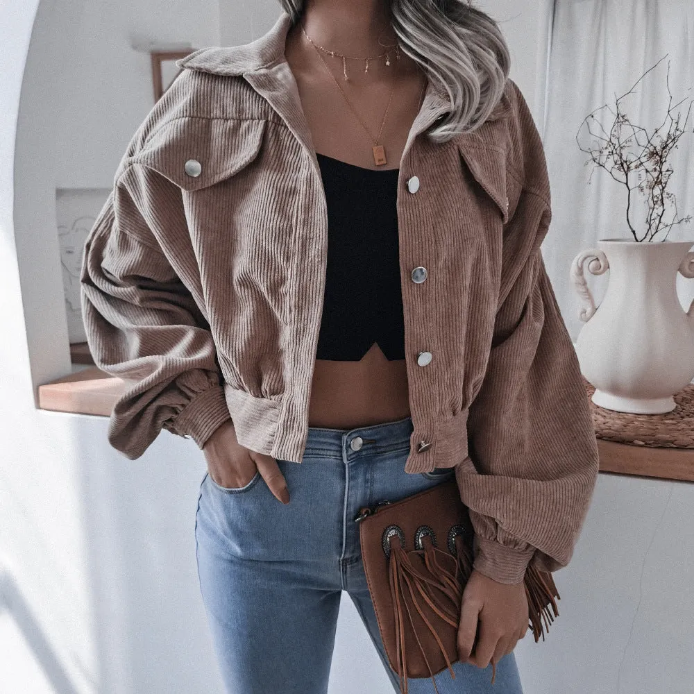 Corduroy Lantern Sleeve Single-breasted Lapel Cardigans Outerwear