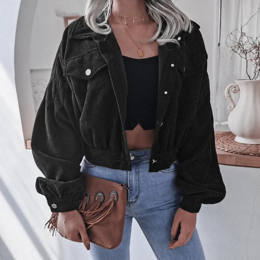 Corduroy Lantern Sleeve Single-breasted Lapel Cardigans Outerwear
