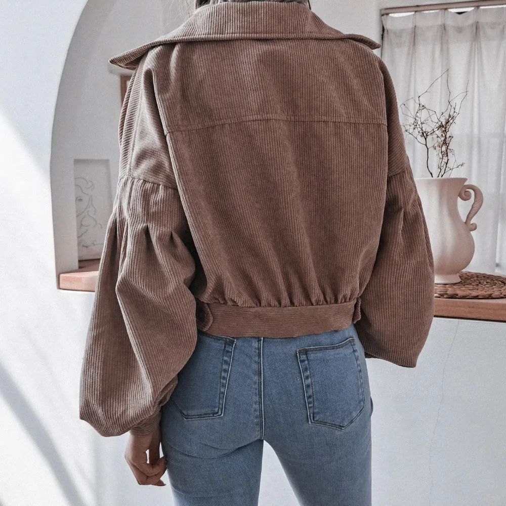 Corduroy Lantern Sleeve Single-breasted Lapel Cardigans Outerwear