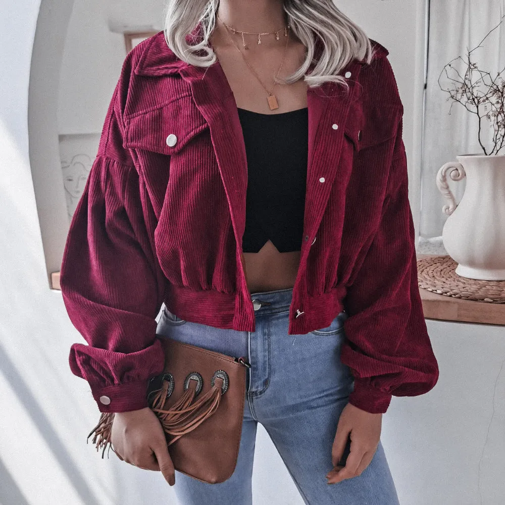 Corduroy Lantern Sleeve Single-breasted Lapel Cardigans Outerwear
