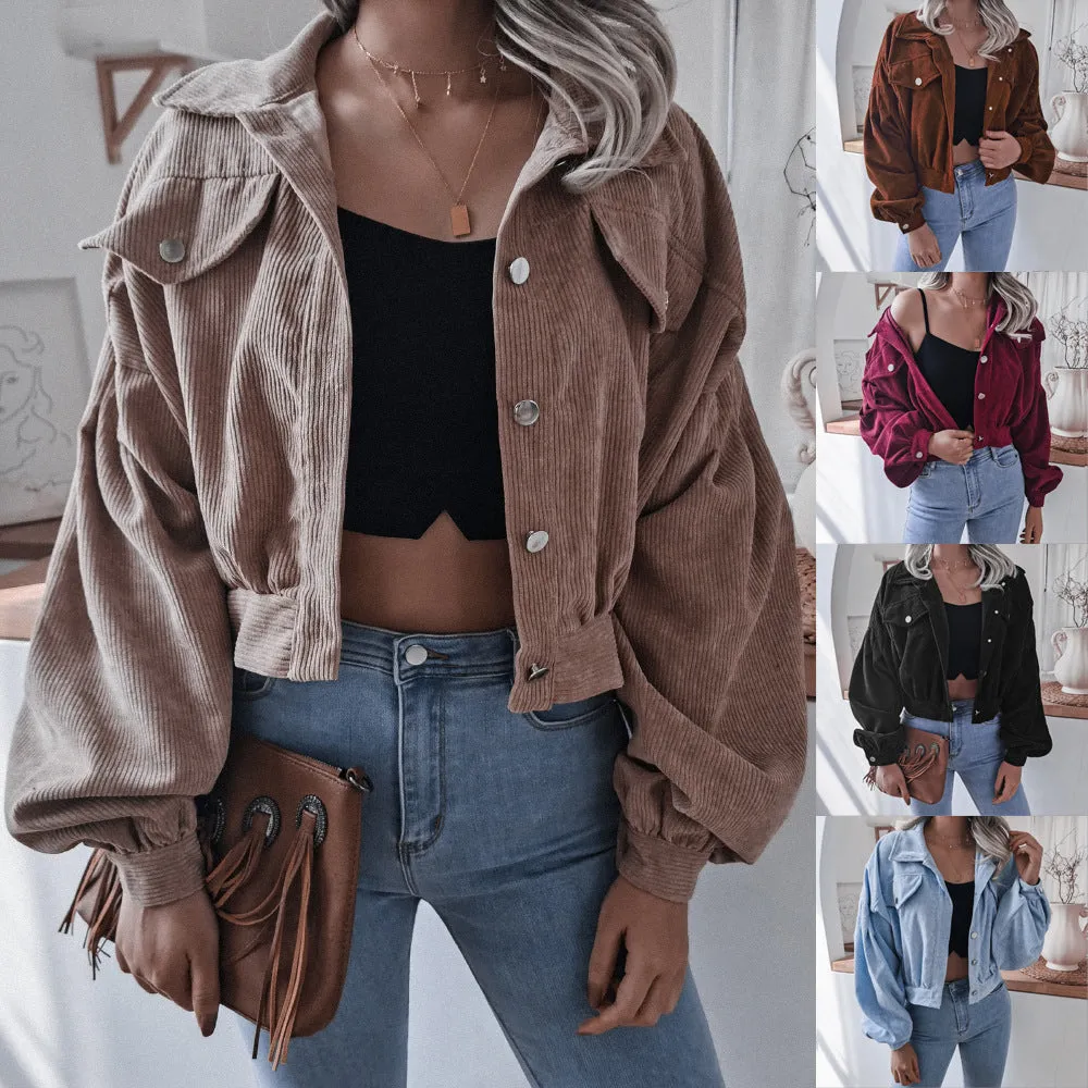 Corduroy Lantern Sleeve Single-breasted Lapel Cardigans Outerwear