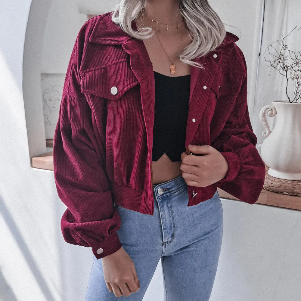 Corduroy Lantern Sleeve Single-breasted Lapel Cardigans Outerwear