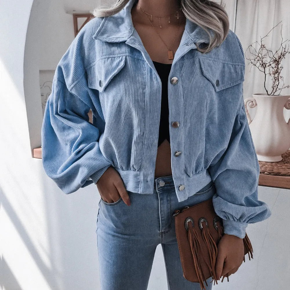 Corduroy Lantern Sleeve Single-breasted Lapel Cardigans Outerwear