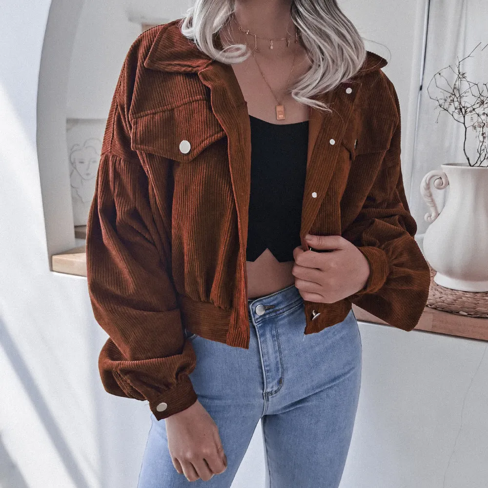 Corduroy Lantern Sleeve Single-breasted Lapel Cardigans Outerwear