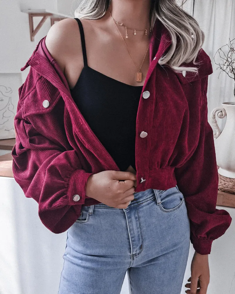Corduroy Lantern Sleeve Single-breasted Lapel Cardigans Outerwear